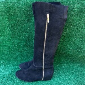 BCBGeneration Black Suede‎ Knee High Wedge Boots Gold Side Zip Womens 7B 37